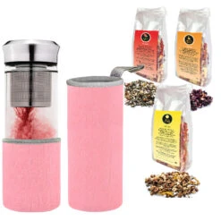 4tlg Set: Teamaker Rosa 400ml + 3x 60 G Früchte-Kräuter-Tee