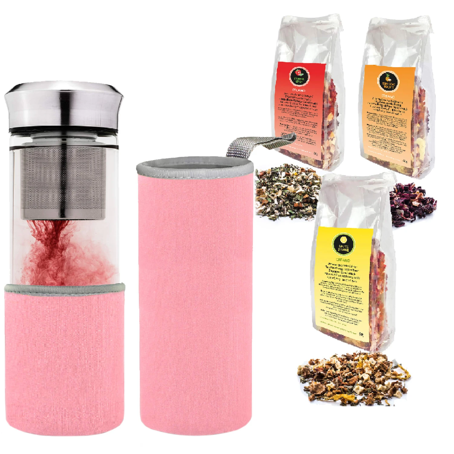 4tlg Set: Teamaker Rosa 400ml + 3x 60 G Früchte-Kräuter-Tee